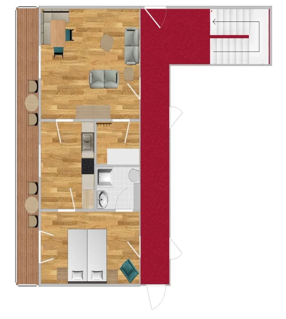 Grundriss der Ferienwohnung Eule für zwei Personen: Wohnzimmer, Küche, Bad und Schlafzimmer mit Balkon, dazu Gang und Stiegenhaus