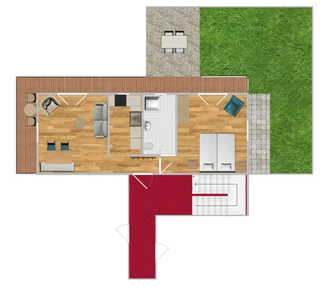 Grundriss der Ferienwohnung Fuchs für zwei Personen: Wohnzimmer, Küche, Bad und Schlafzimmer, mit Balkon und Terrasse mit Garten, dazu Gang und Stiegenhaus
