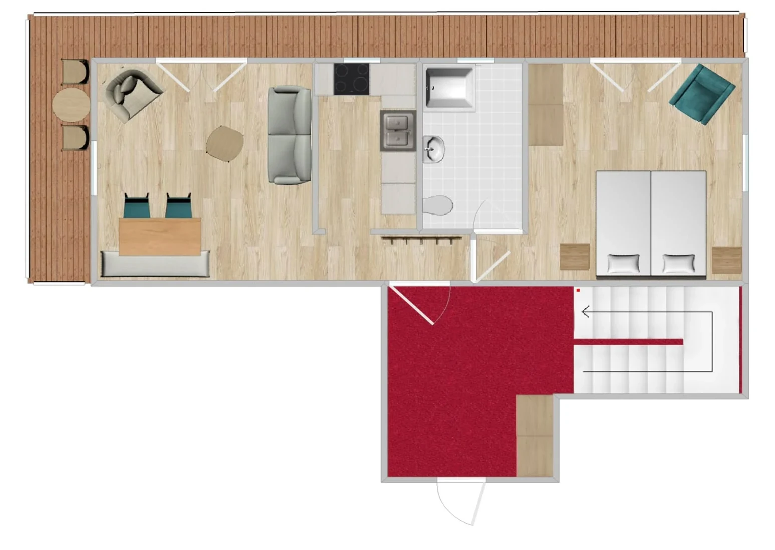 Grundriss der Ferienwohnung Steinbock: Wohnzimmer mit Sitzecke, Küche, Bad und Schlafzimmer, mit Balkon über die ganze Länge